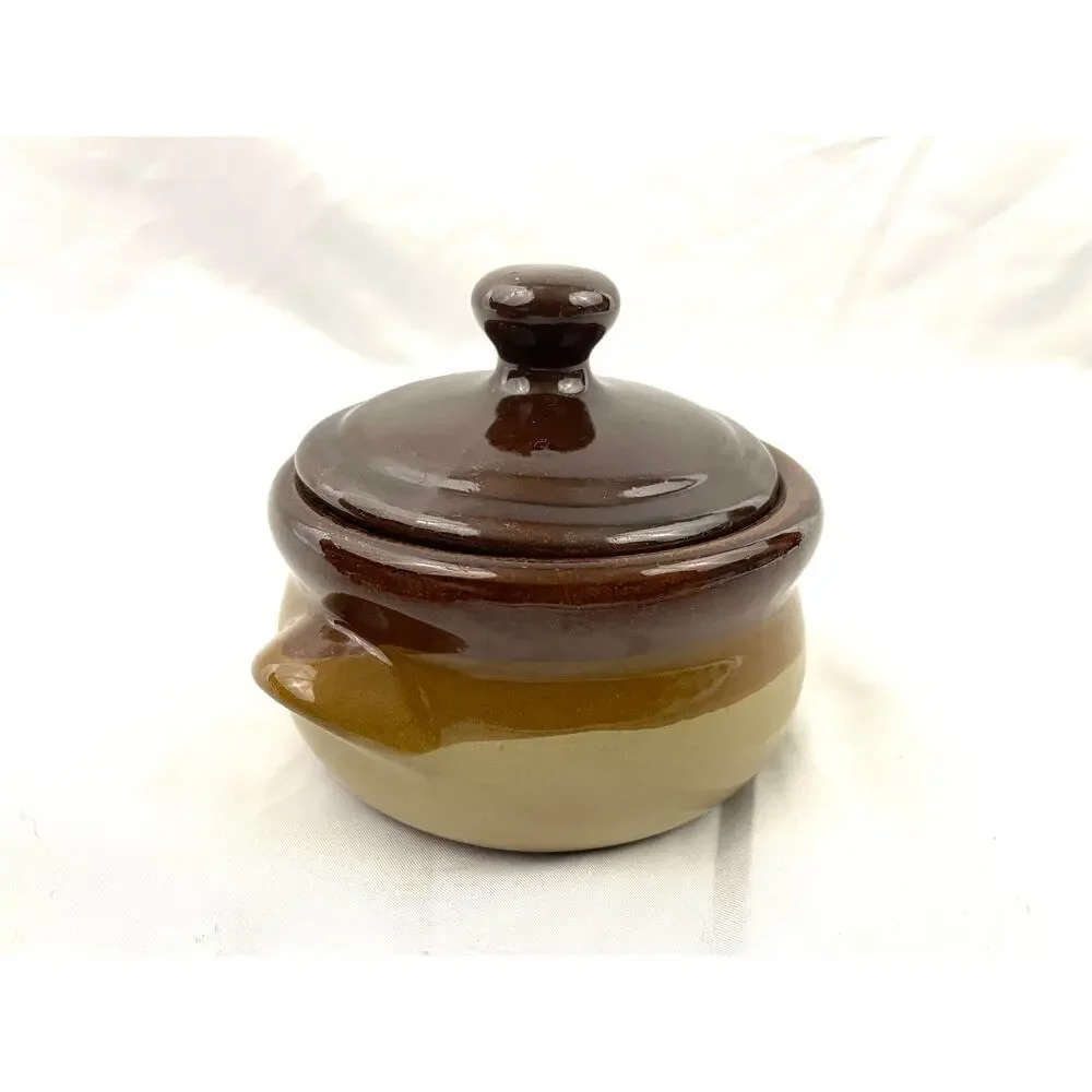 VTG Stoneware Pottery Bean Pot Double‎ Handled Brown 3 Tones Small
